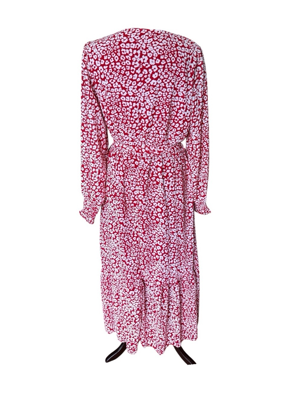 PRETTYGARDEN Womens Large Red White Floral Wrap Midi Dress Long Sleeve V Neck - Picture 6 of 11